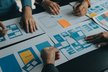 ux Graphic designer creative sketch planning application process development prototype wireframe for web mobile phone . User experience concept.