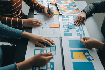 ux Graphic designer creative sketch planning application process development prototype wireframe for web mobile phone . User experience concept.