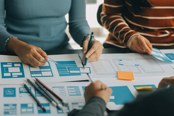 ux Graphic designer creative sketch planning application process development prototype wireframe for web mobile phone . User experience concept.