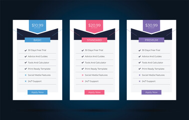 Wall Mural - Colorful Pricing Table Design Templates for Websites and Applications, Vector Pricing table, infographic design