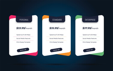Wall Mural - Modern pricing table design with colorful subscription plans, Hosting table banner, Colorful Pricing Table Design