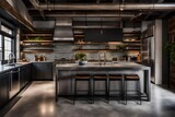 Fototapeta  - Interior design portfolio snapshots of an industrial-style kitchen, metal accents,  beams, and concrete walls, creating an urban