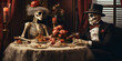 A candle in the middle of the nightA couple dressed as skeletons sit at a table with tea cups and saucers Eerie Skeleton Couple's Soiree Ai Generative