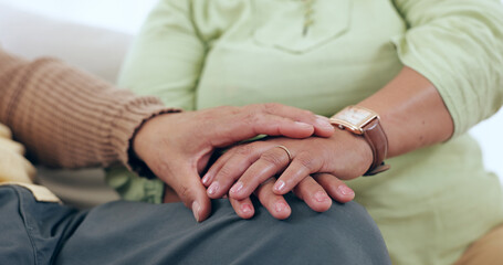 Wall Mural - Care, holding hands or old couple with support, trust or hope in marriage commitment or retirement. Zoom, comfort or senior man bonding to relax with an elderly woman on anniversary for love in home