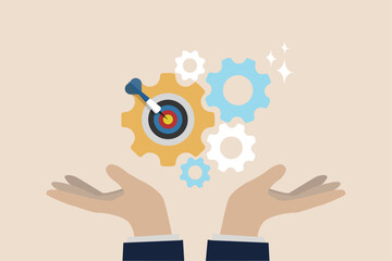 Wall Mural - business career achievement, target success or career growth concept, businessman hand with arrow ta