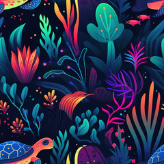 Wall Mural - Sea turtles underwater cartoon repeat pattern