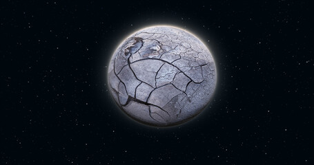 Wall Mural - abstract realistic space spinning planet round sphere with a cracked gray surface in space against t