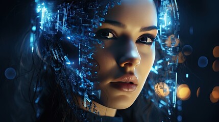 Poster - High tech woman robot cyborg with artificial intelligence futuristic on blue blurred background