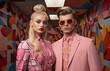 © index74 - A young couple in designer clothes of light pink color looks at the camera. Unusual hairstyles and glasses. Generated by AI.