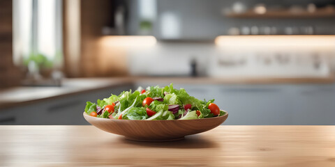 Wall Mural - Wooden tabletop counter with salad in kitchen.