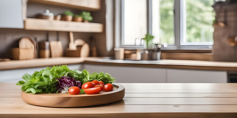 Wall Mural - Wooden tabletop counter with salad in kitchen.