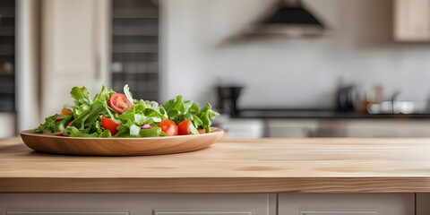 Wall Mural - Wooden tabletop counter with salad in kitchen.