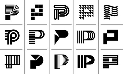 Abstract flat line letter P logo mark design set