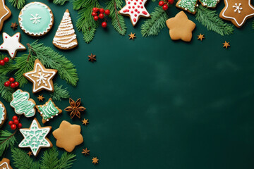 Christmas cookies candies and pine branches on green background