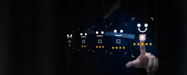 Poster - Hand touch smile face icon for best excellent customer service satisfaction survey feedback for business review rating and best service or finance digital marketing poll or user comment concepts.