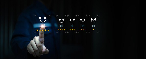 Poster - Hand touch smile face icon for best excellent customer service satisfaction survey feedback for business review rating and best service or finance digital marketing poll or user comment concepts.