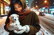 雪の街をさまよう迷子の子犬を助ける女性：AI生成画像
