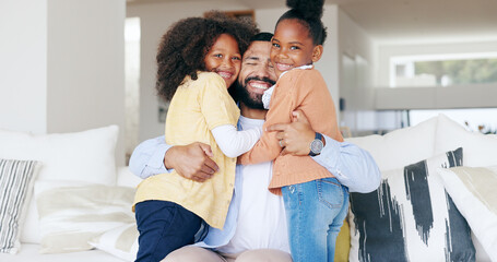 Sticker - Family, man and happy kids on sofa, hug and bonding together for love or memory in home. Support, trust and face of father with children in living room with smile, relax playing with dad in house.