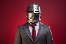 Businessman With Armour Helmet Isolated On Red Background