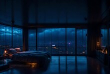 Beautiful Cozy Bedroom With Floor To Ceiling Glass Windows Overlooking A Cyberpunk City At Night, Thunderstorm Outside With Torrential Rain, Detailed, High Resolution, Photorrealistic, Dark, Gloomy, M
