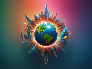 earth planet with buildings around it, blank background, for design, isolated, human effect concept