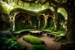 Design a secret garden that sits beyond a ruined city with lush, green, grass, colorful plants and mushrooms, places to sit such as cushions and pillows, and trees providing shade with vines and moss 