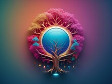 Red Tree With Blue Circle In The Middle, Blank Background, For Design, Isolated