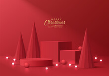 Realistic 3d Red Cylinder Podium Pedestal Set With Red Christmas Tree And Neon Lighting Balls. Merry Christmas Product Display Mockup Presentation. Stage Showcase. Platforms Vector Geometric Design.