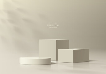 Sticker - realistic beige 3d cube and cylinder podium pedestal set with natural light background. minimal wall