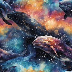Wall Mural - Galaxy whale watercolor pattern, space fantasy universe flying whales tile