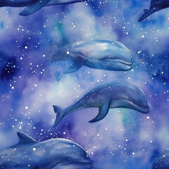 Wall Mural - Galaxy whale watercolor pattern, space fantasy universe flying whales tile
