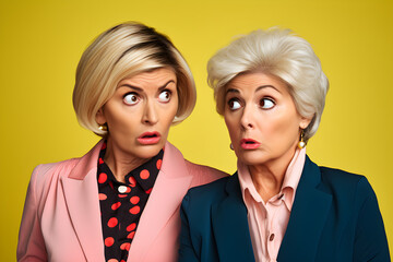 funny portrait of two senior businesswomen isolated on yellow background