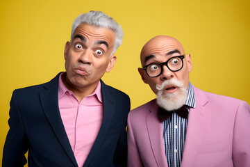 diverse studio portrait of two funny mature businessmen isolated on yellow background