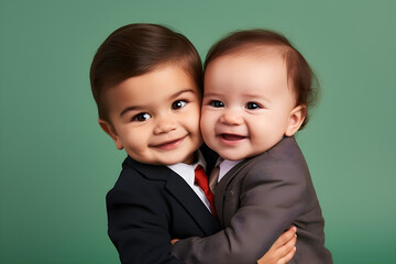 portrait of two happy babies wearing business suit isolated on colour background