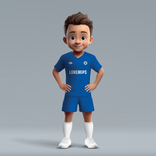3d Cartoon Cute Young Soccer Player In Chelsea Football Kit.