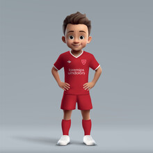 3d Cartoon Cute Young Soccer Player In Liverpool Football Kit.