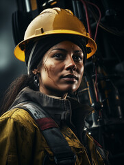 Wall Mural - Portrait of the female oil worker in an orange vest a white construction helmet, Nordic sea oil rig background. The concept of gender equality