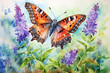 Orange monarch butterfly on lilac flowers. Watercolor.