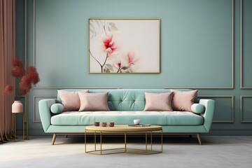 Wall Mural - the 3d render of a living room with a sofa and plant, in the style of light emerald and pink, minimalistic composition, light beige and gold, rug, minimalistic modern, minimalist backgrounds, light gr