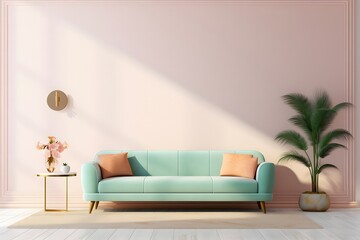 Wall Mural - the 3d render of a living room with a sofa and plant, in the style of light emerald and pink, minimalistic composition, light beige and gold, rug, minimalistic modern, minimalist backgrounds, light gr