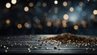 © goku4501 - Luxury Glitter sparkles magical flickering particles bokeh effect with wood table background. Elegant abstract design for invitation, greeting, banners, brochures, booklets, ads. Generative AI