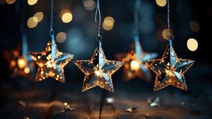 Wall Mural - Christmas Stars Golden Lights Hanging Blue , Wallpaper Pictures, Background Hd