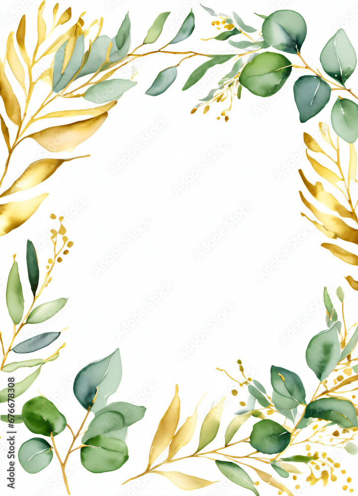 Watercolor Eucalyptus leaves greend and gold border design frame ...