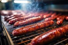 Photo Of Hot Dogs Grilling On A Summer Barbecue. Industrial Smoking Of Sausages And Meat Products In A Factory. Sausage In The Smokehouse. Flavorful Sausages.