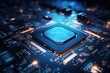 © Anoo - A powerful computer processor or chip on a motherboard. Modern technologies. Blue background. Development of computer technologies.
