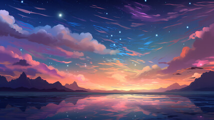 Wall Mural - Fantastic Pixel Art Star Sky at Sunset Time