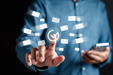 Poster - Businessman sending email by laptop computer to customer, business contact and communication, email icon, email marketing concept, send e-mail or newsletter, online working internet network.