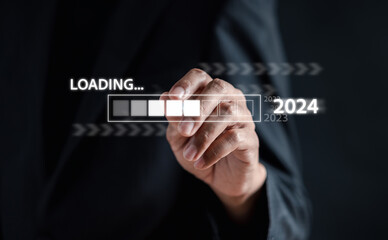 Poster - Loading progress from 2023 to 2024 to countdown merry christmas and happy new year, Planning and challenge strategy in new year 2024 Concept.