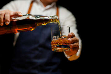 Bartender Serve Whiskey, on wood bar, 