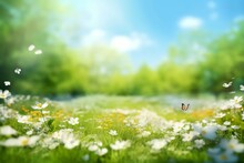 Beautiful Blurred Spring Background Nature With Blooming Glade, Trees And Blue Sky On A Sunny Day. Generative Ai.